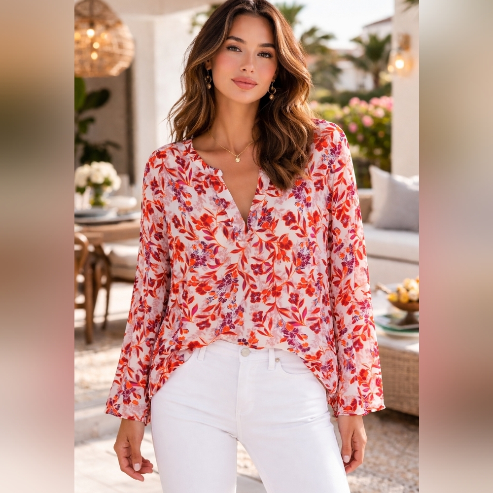 Adrianna Papell Women's Ivory Purple Rust Floral Long Sleeve V-Neck Tunic Top XL
